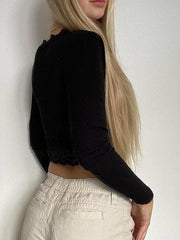 Solid Lace Trim Splice U Neck Long Sleeve Knit