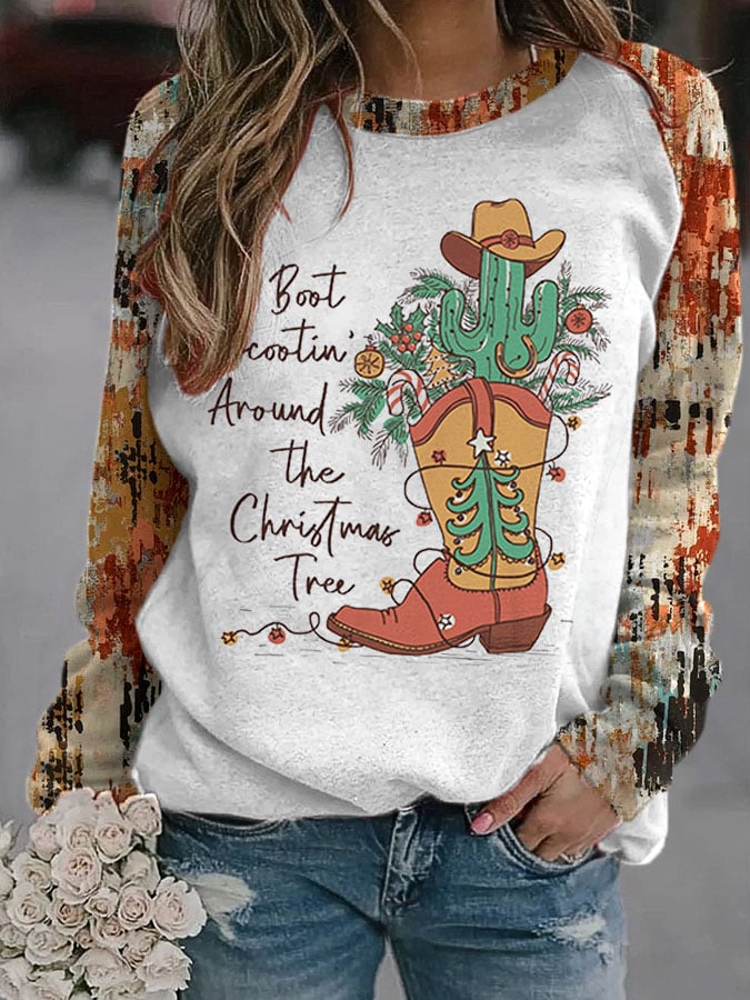 Western Boot Scootin' Around The Christmas Tree Lights Print Sweatshirt