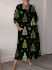 Christmas Tree Vintage Print Pocket V-neck Cotton Dress