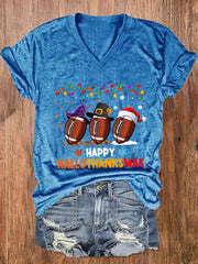 Halloween Thanksgiving Festival Happy Hallothanksmas Print V-Neck T-Shirt