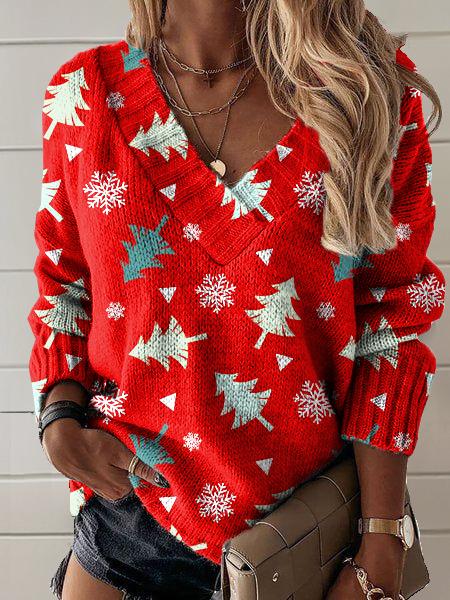 Christmas Tree Art Print Knit V-neck Pullover Sweater