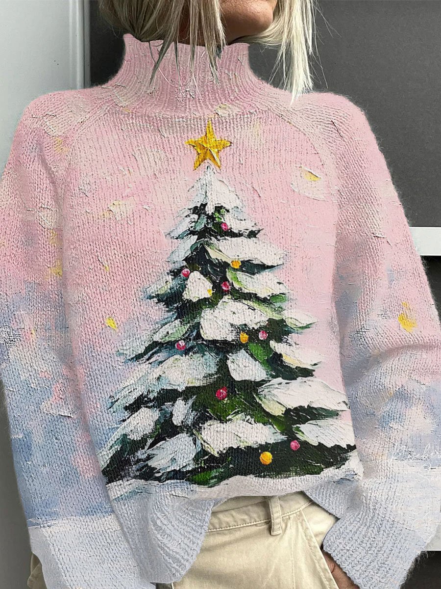 Oil Painting Christmas Tree Printed Casual Top