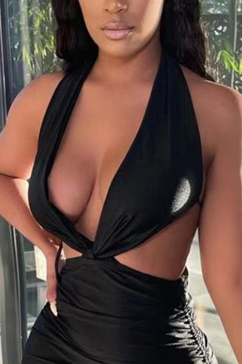 Drawstring Ruched Twisted Front Backless Halter Dress