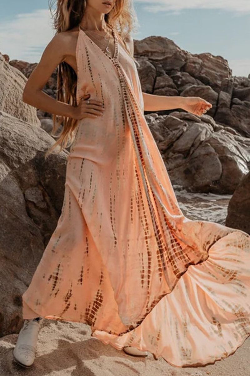 Allover Print Backless Halter Maxi Dress