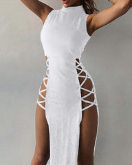 Mock Neck Plain Sleeveless High Slit Maxi Dress