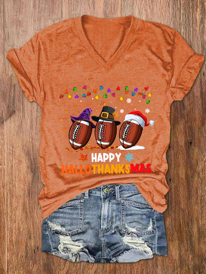 Halloween Thanksgiving Festival Happy Hallothanksmas Print V-Neck T-Shirt