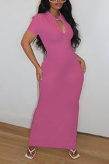 Solid Half Zip Bodycon Maxi Dress