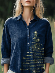 Glittering Christmas Tree Art Printed Casual Cotton And Linen Shirt