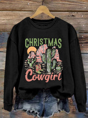 Western Christmas Cowgirl Print Crewneck Sweatshirt