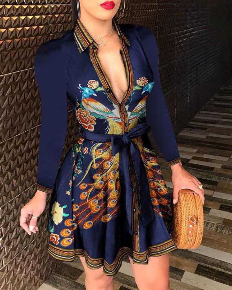 Mixed Print Buttoned Long Sleeve Ruffles Dress