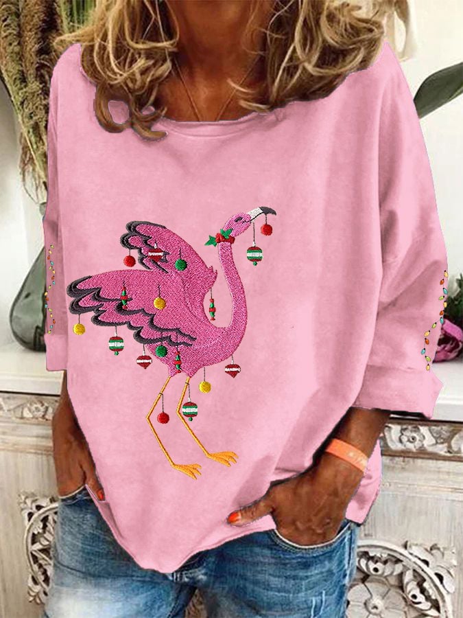 Christmas Colorful Lights Flamingo Holiday Long-Sleeve Top