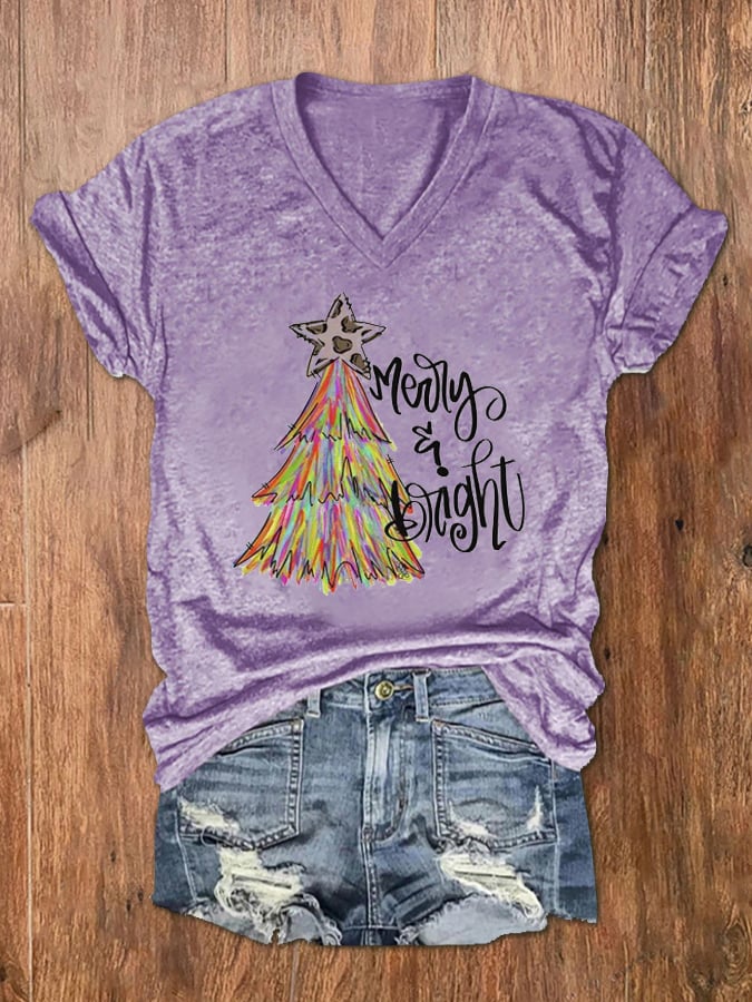 Christmas Tree Merry And Bright Print V-Neck T-Shirt