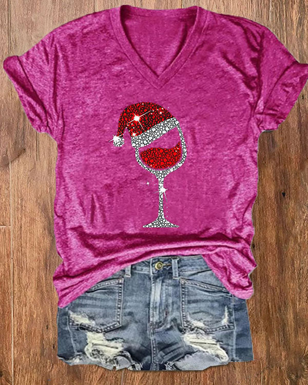 Merry Christmas Wine Glass V-Neck Top