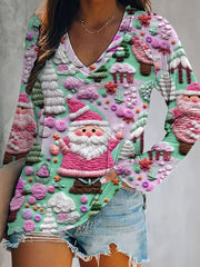 Women's Christmas Pink Santa V-Neck Top