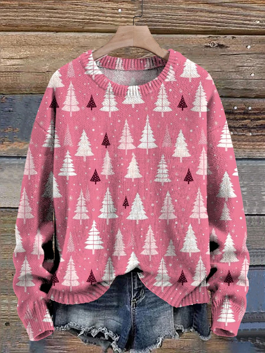 Winter Season Christmas Tree Pattern Printed Knit Pullover Sweater