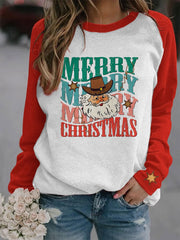 Christmas Cowboy Santa Print Casual Crew Neck Sweatshirt