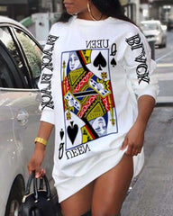 Poker Letter Print Long Sleeve Casual Dress