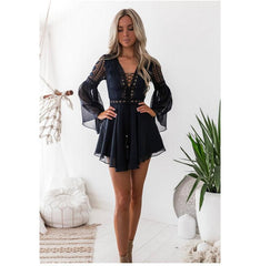 New Solid Color V-neck Lantern Perspective Sleeve Dress