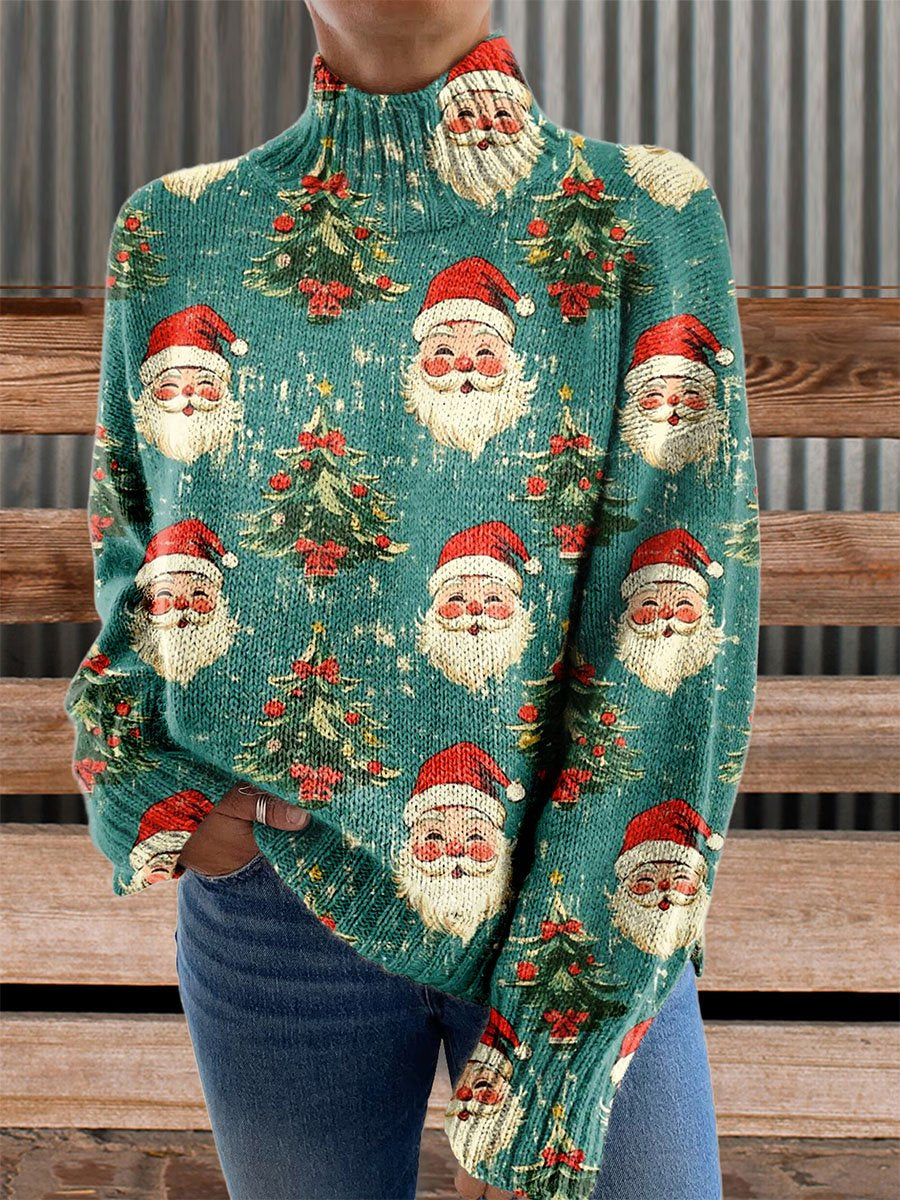 Vintage Fun Christmas Santa Art Knit Turtleneck Pullover Sweater