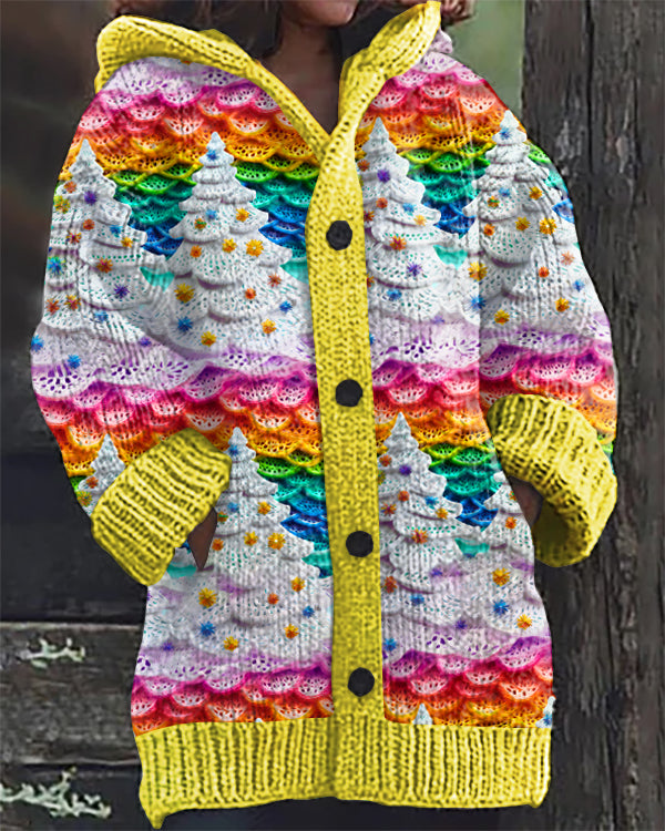 Colorful Christmas Tree Embroidery Print Casual Hooded Cardigan