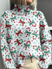Simple Candy Cane Bow Christmas Print Knit Turtleneck Pullover Sweater