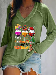 Happy Hallothanksmas Wine Print V-Neck Long Sleeve T-Shirt