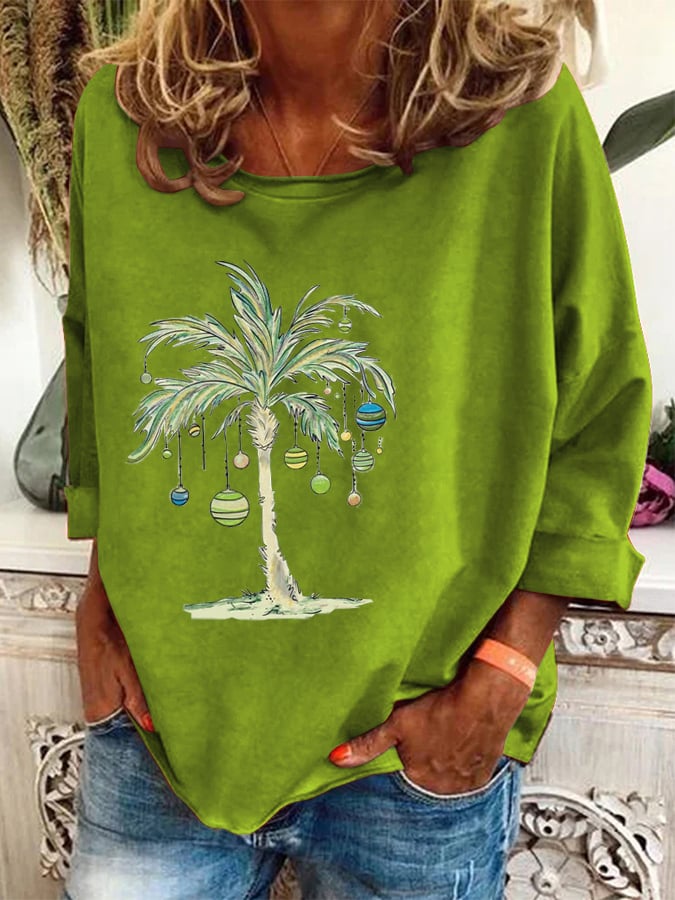 Casual Christmas Coconut Tree Print Top