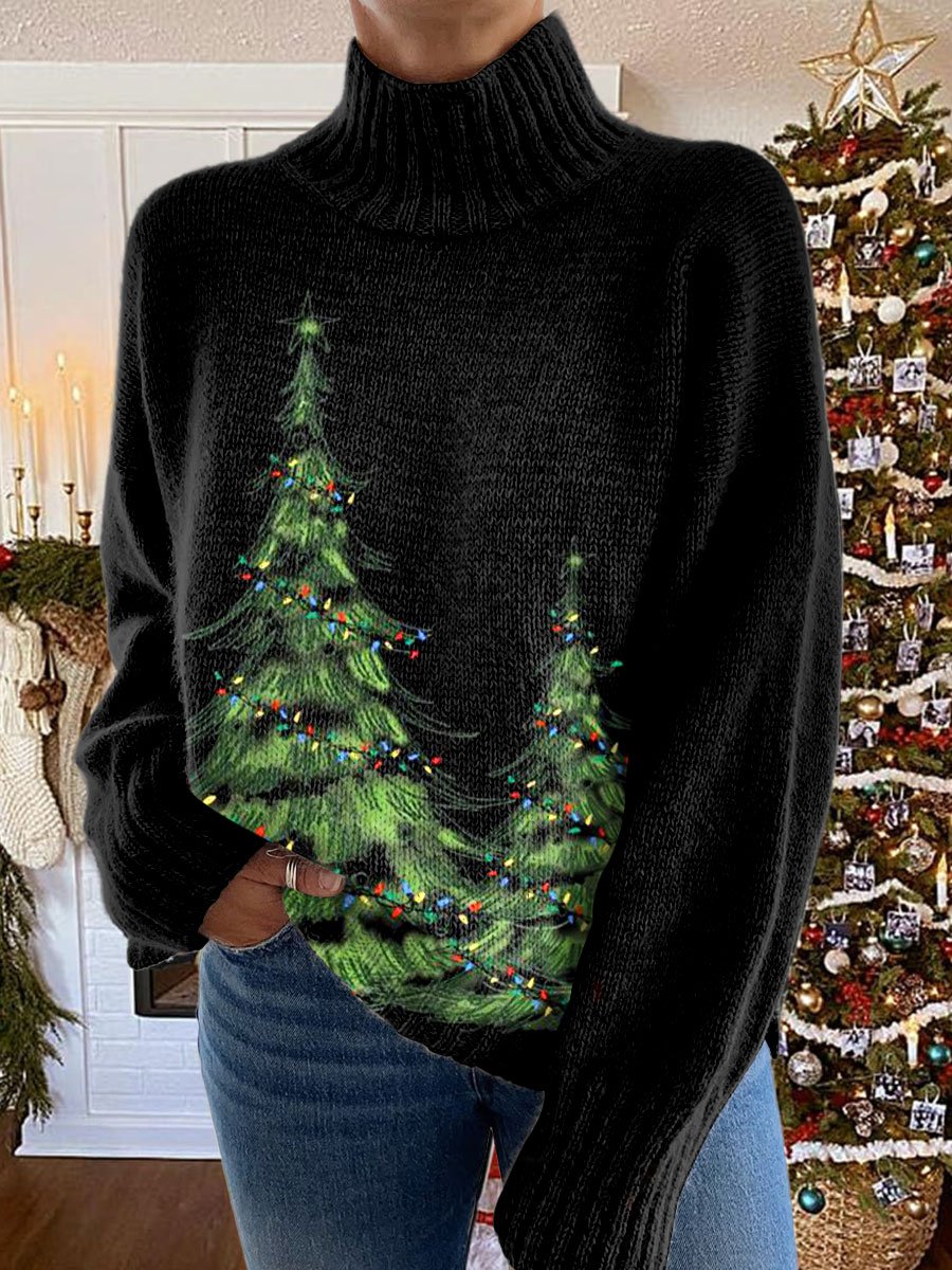 Glitter Christmas Tree Print Knit Turtleneck Pullover Sweater