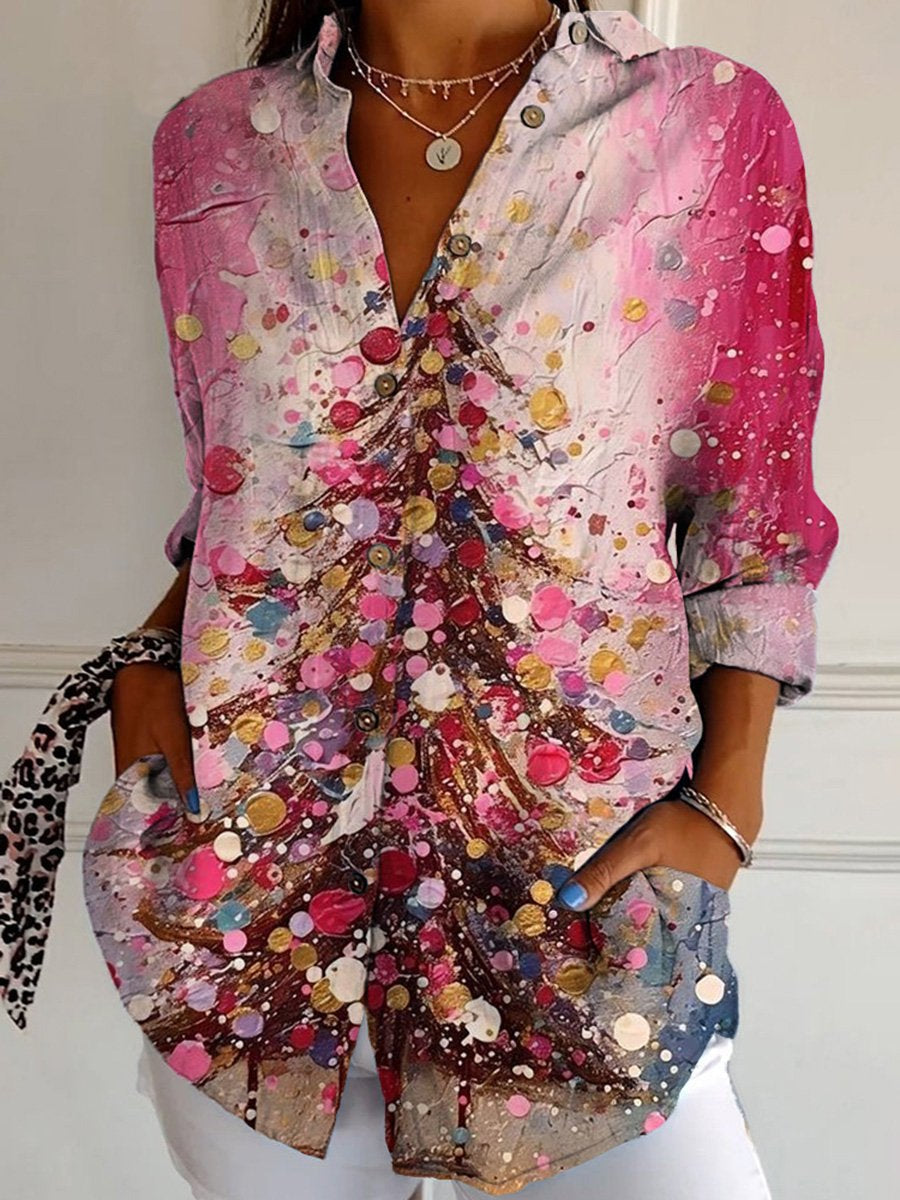 Glitter Christmas Tree  Art  Print Casual Cotton Shirt