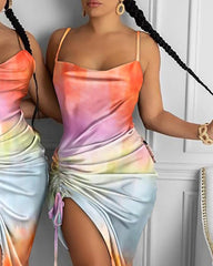 Tie Dye Print Drawstring Ruched Party Dress