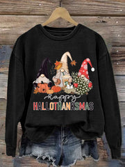 Hallothanksmas Gnome Print Crew Neck Sweatshirt