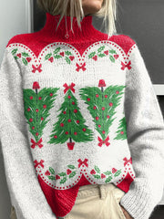 Christmas Tree Art Print Knit Turtleneck Pullover Sweater
