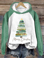 Merry Christmas Tree Printed Raglan Sleeve Hooded Sweatshirt