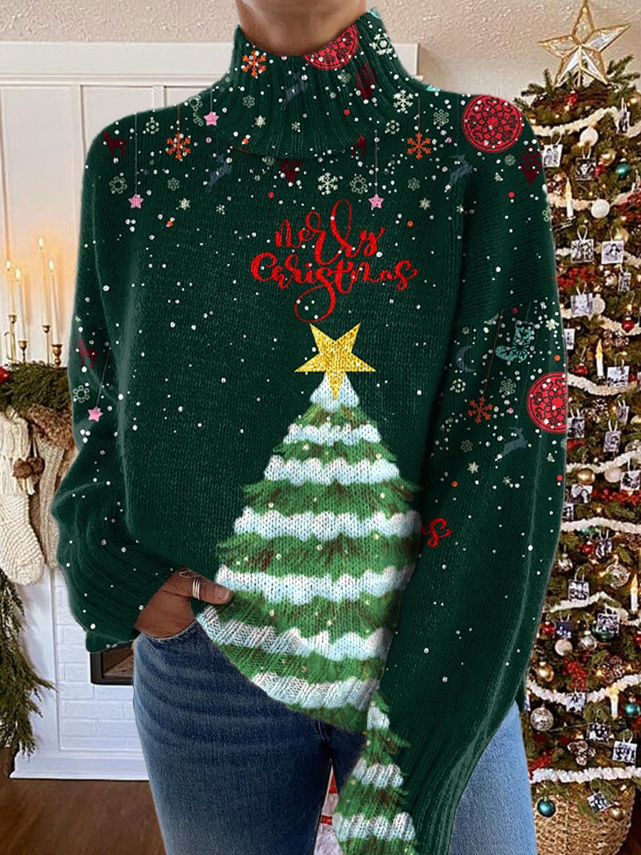 Glitter Christmas Tree Print Knit Turtleneck Pullover Sweater