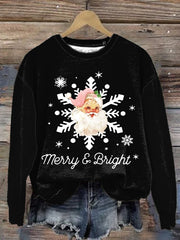 Merry And Bright Santa Claus Print Round Neck Sweatshirt