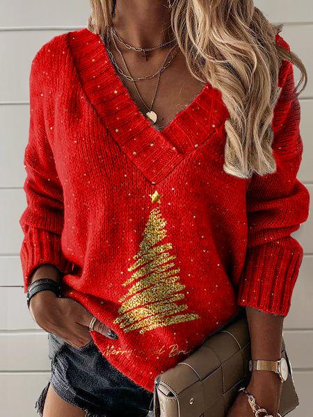 Merry Christmas Art Print Knit V-neck Pullover Sweater