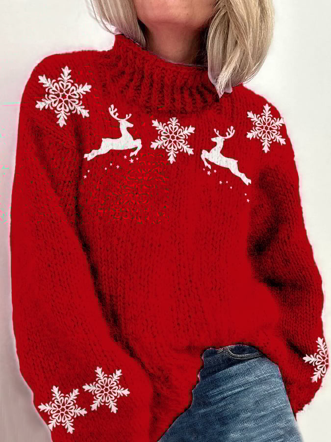 Christmas Snowflake Reindeer Print Knitted Turtleneck Pullover