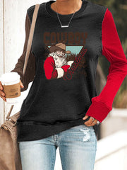 Funny Christmas Cowboy Santa Print Casual Crew Neck Sweatshirt