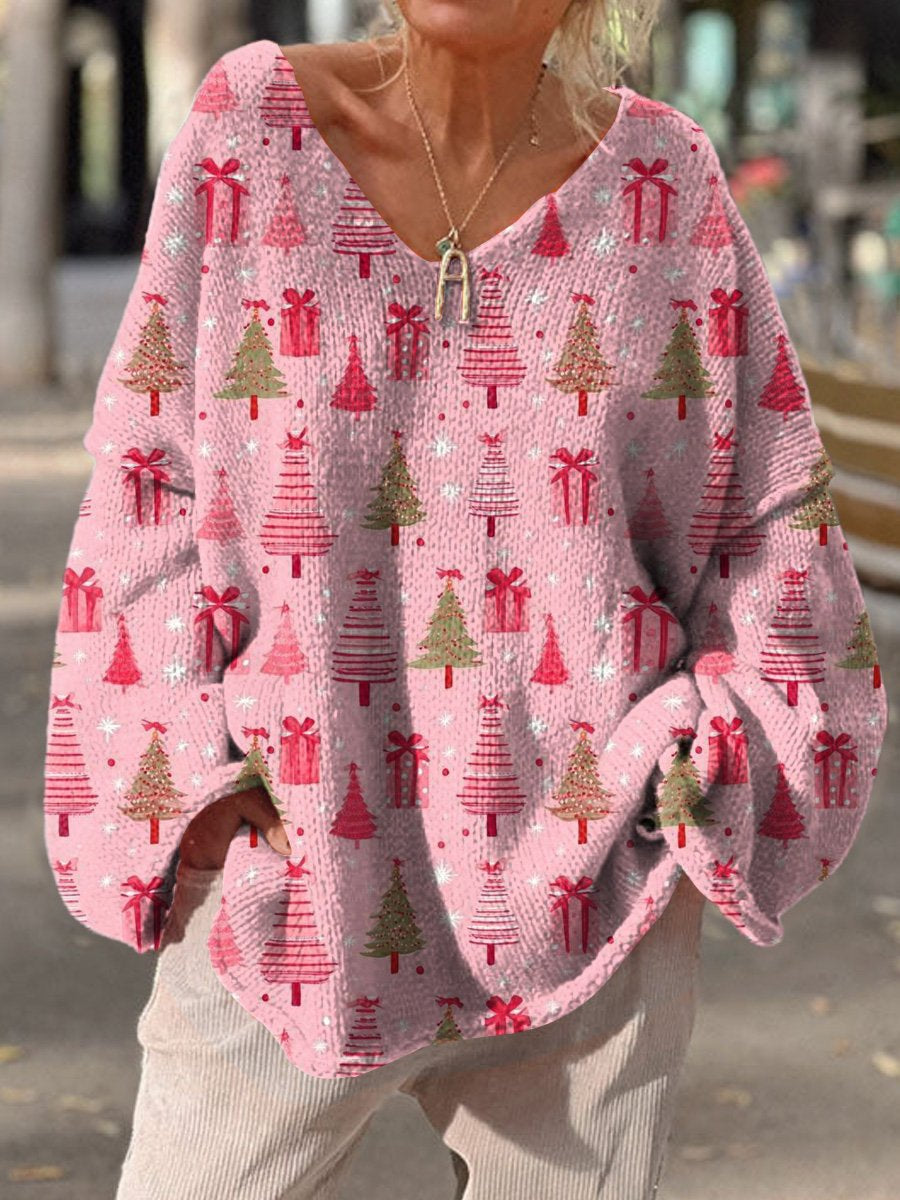 Petite Christmas Tree Pattern Printed Casual Pullover Sweater