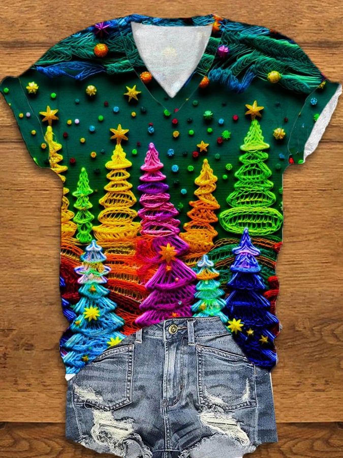 Christmas Colorful Christmas Tree V-neck Printed T-shirt