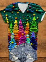 Christmas Colorful Christmas Tree V-neck Printed T-shirt