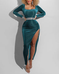 Velvet Split Thigh Square Neck Maxi Dress