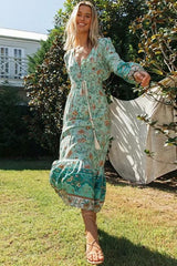 Lounging Bohemian Print Button Front V Neck Maxi Dress