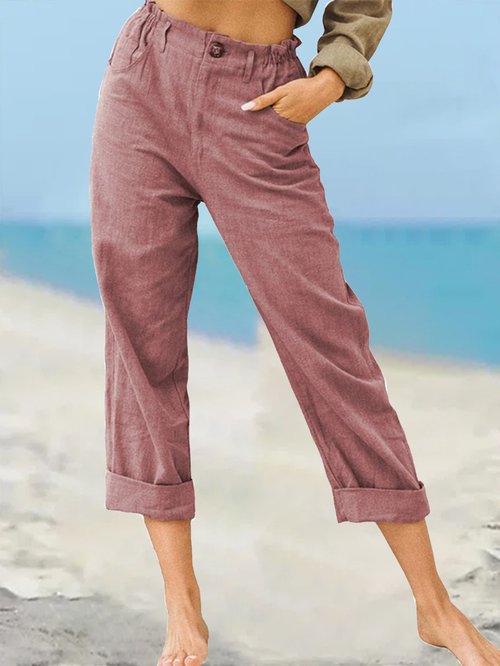 Solid Color Fashion Loose High Waist Casual Cotton Linen Trousers