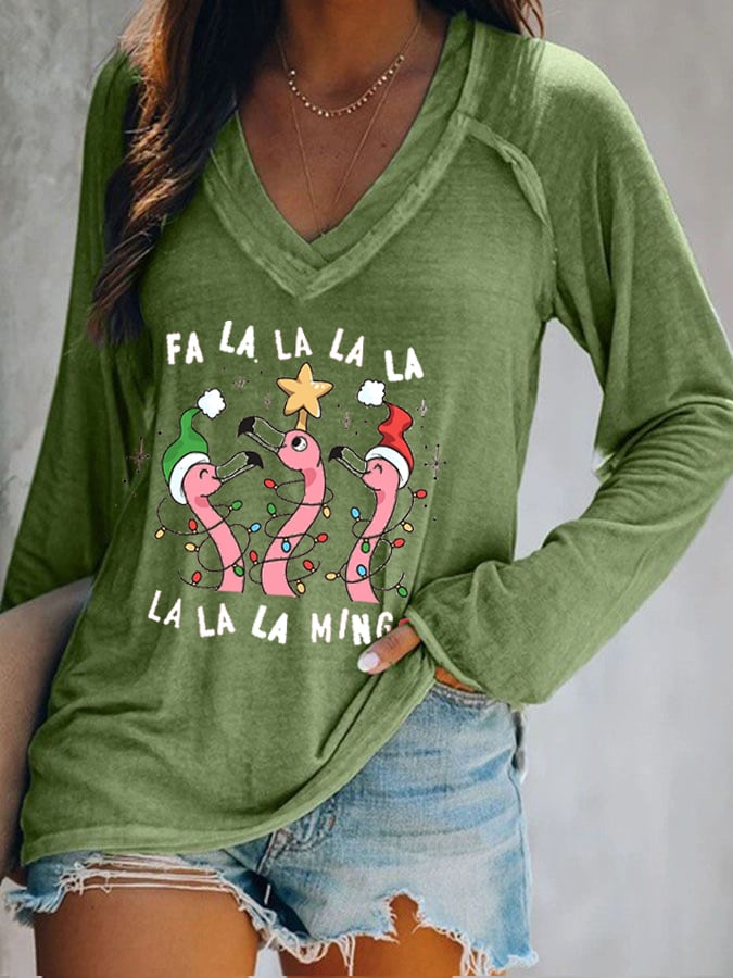Christmas Flamingo Print Crew Neck Sweatshirt