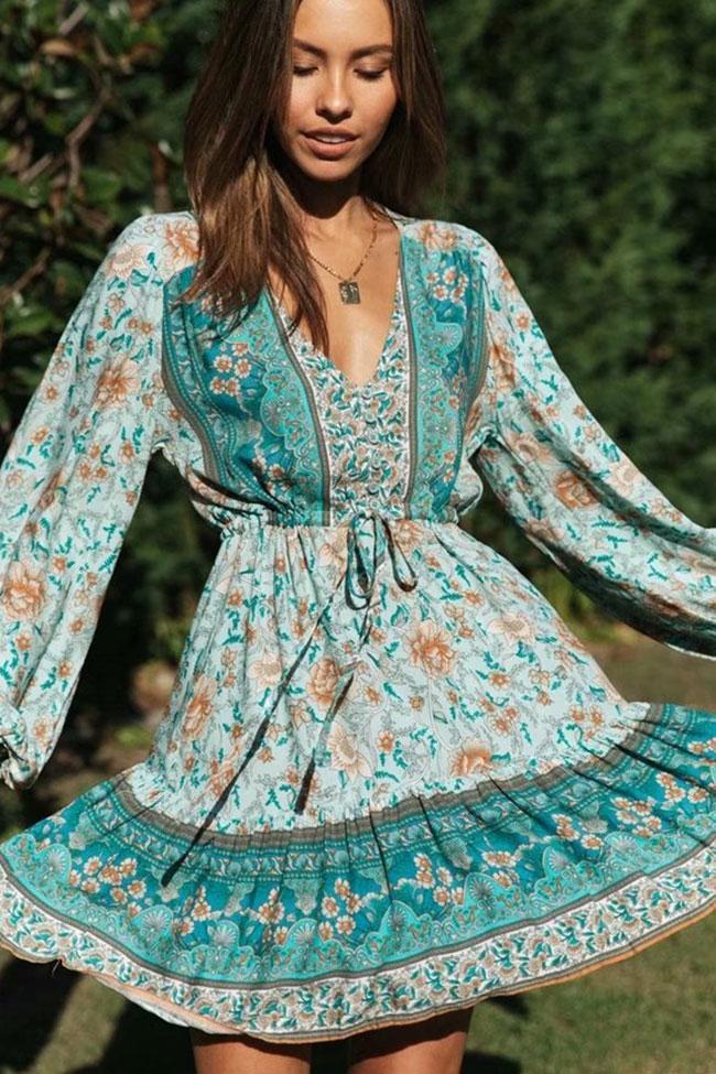 Flattering Bohemian Print Button Front V Neck Midi Dress