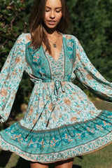 Flattering Bohemian Print Button Front V Neck Midi Dress