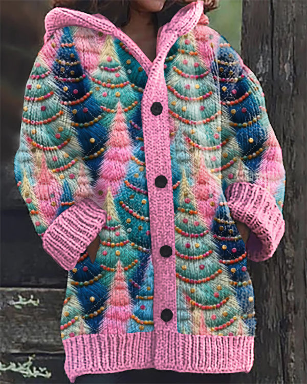 Christmas Colorful Christmas Tree Embroidery Print Casual Hooded Cardigan