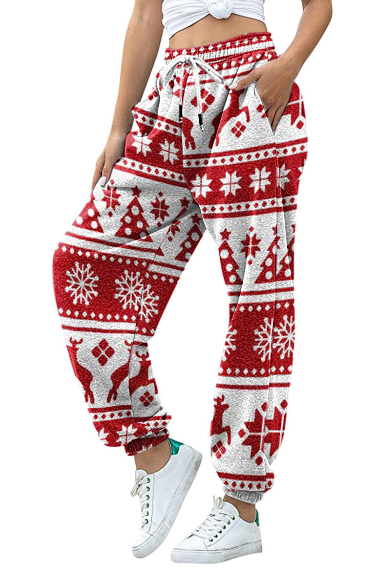 Christmas Red Print Waist Drawstring Pants