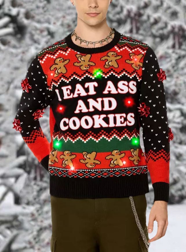 Christmas Light-Up I Eat Ass and Cookies Print Knit Sweater